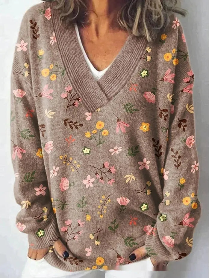 Women's floral pattern 3D printed V-neck sweatshirt with long sleeves