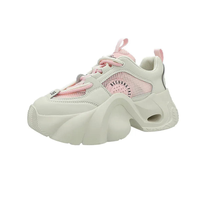 Women's beige casual sneakers with cross shoulder straps and a thick mid-heel sole
