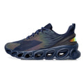 Black breathable low-top casual sports shoes with mesh upper and white stitching on a flat EVA sole.