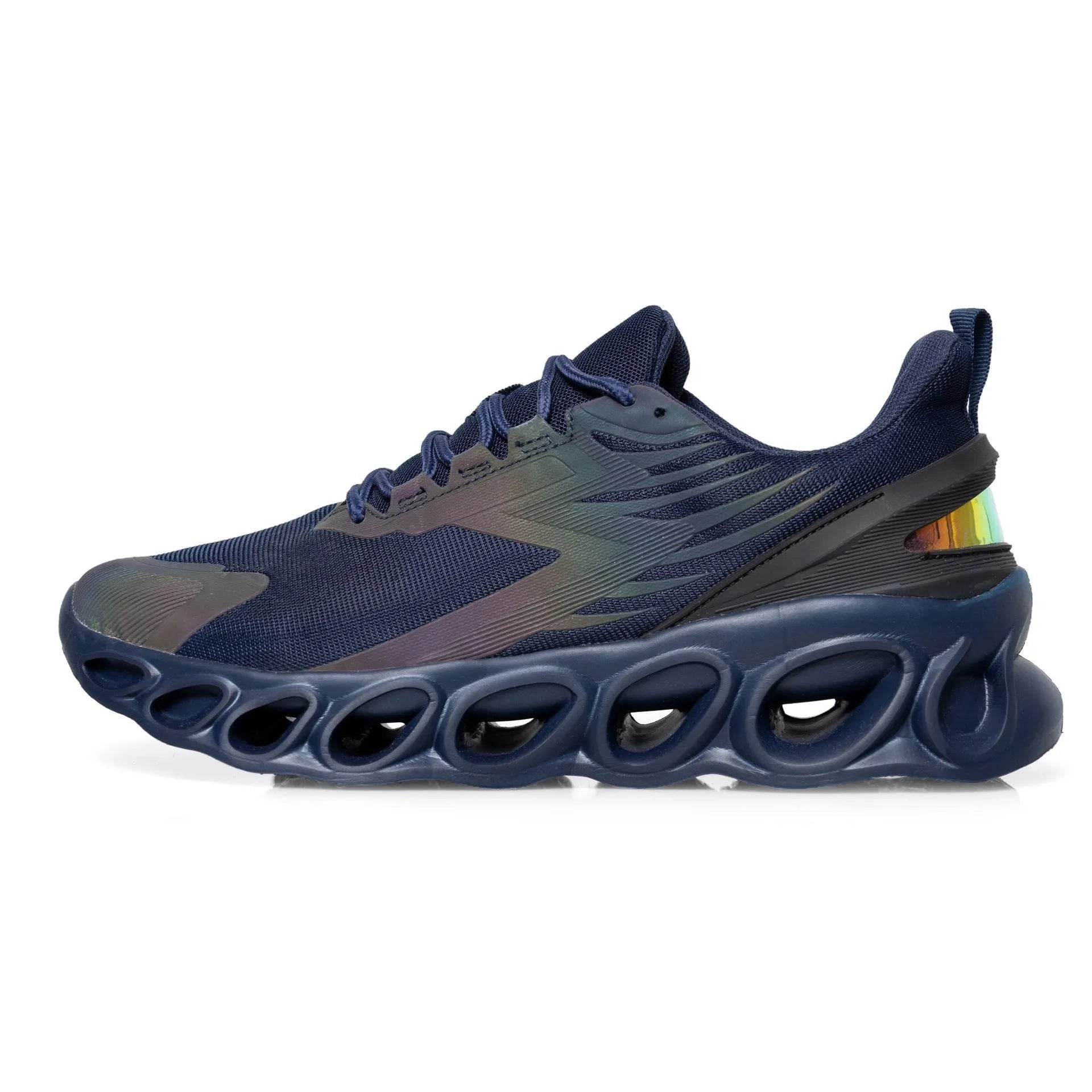 Black breathable low-top casual sports shoes with mesh upper and white stitching on a flat EVA sole.