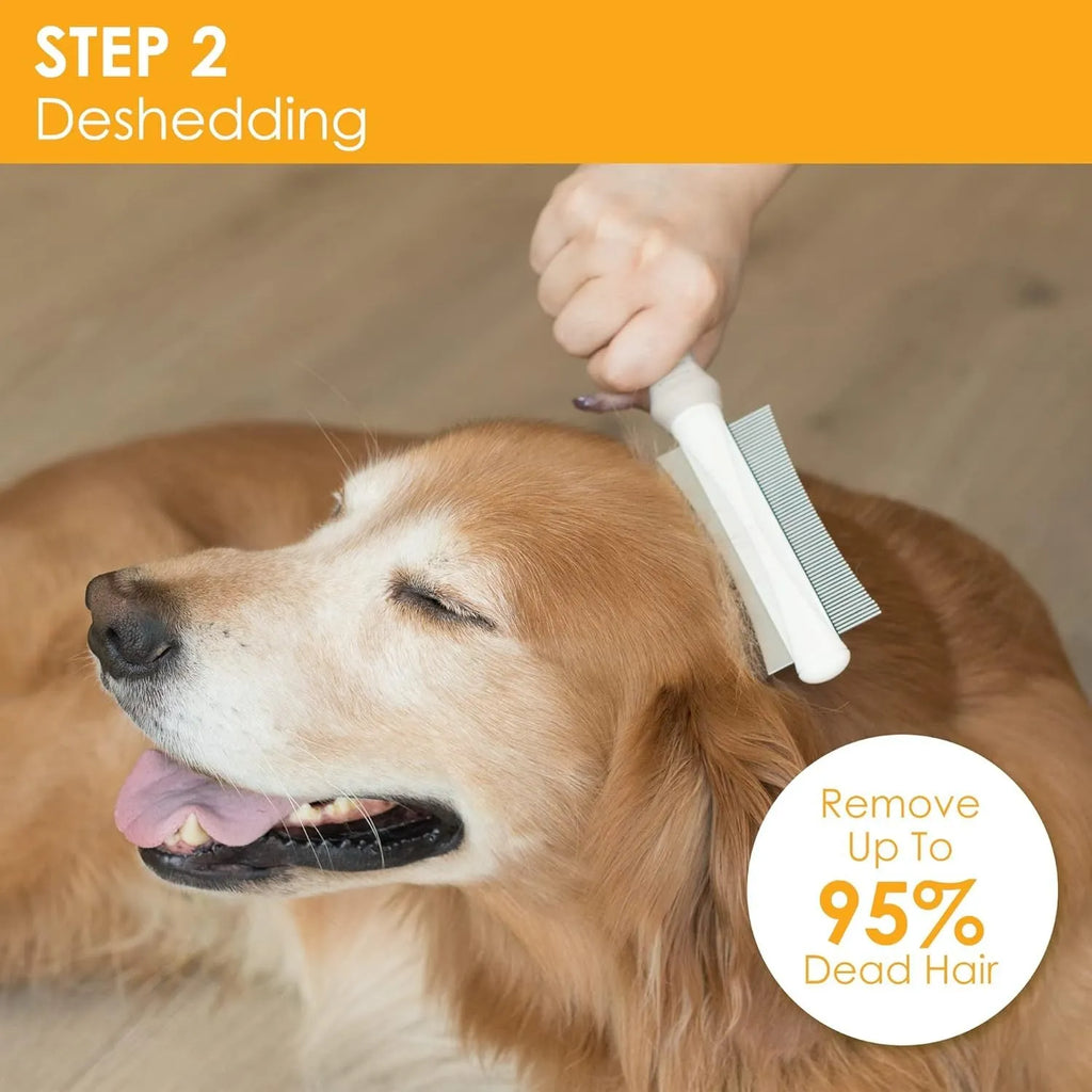 White double-sided pet grooming brush with curved design and comfort-grip handle for dogs and cats