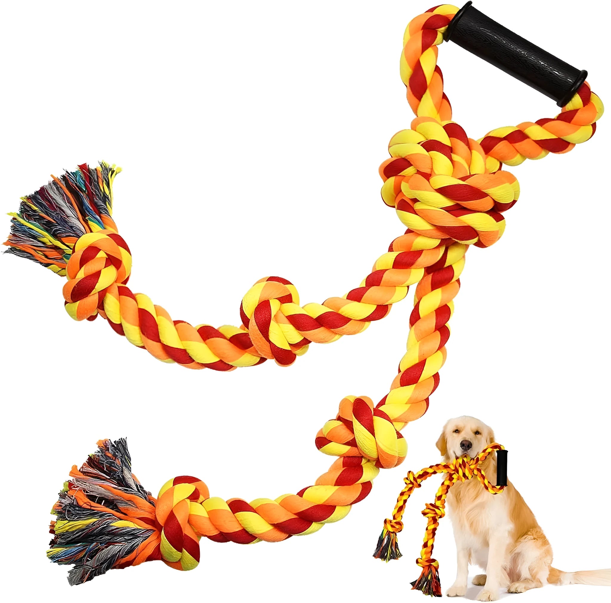 Blue and yellow cotton rope dog toy with non-slip handle for large breed aggressive chewers