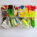 142-piece fishing lure set with metal pliers showing lures, sequins, and fishhooks
