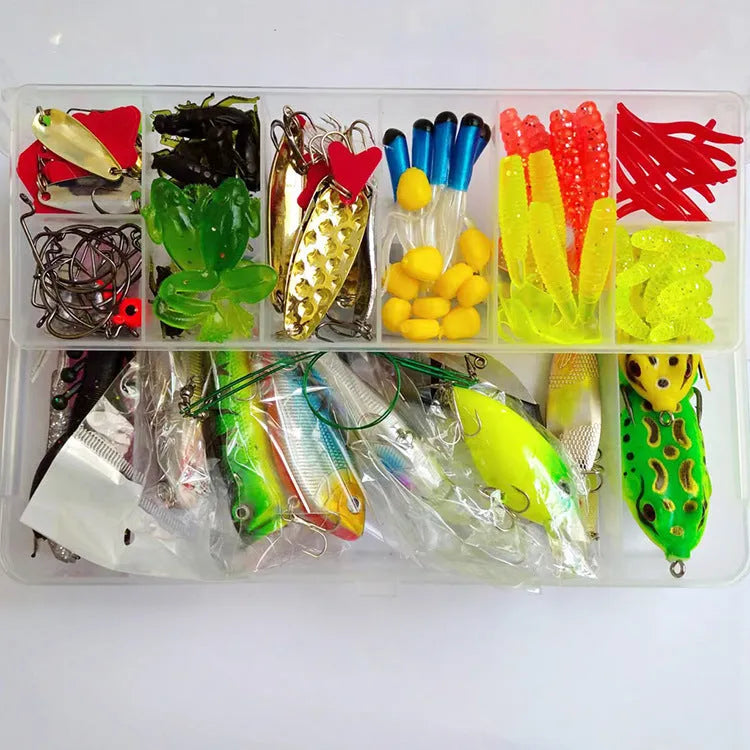 142-piece fishing lure set with metal pliers showing lures, sequins, and fishhooks