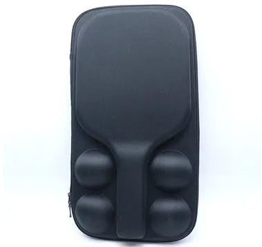 Black portable EVA storage case for a pickleball racket and balls with two shoulder straps.