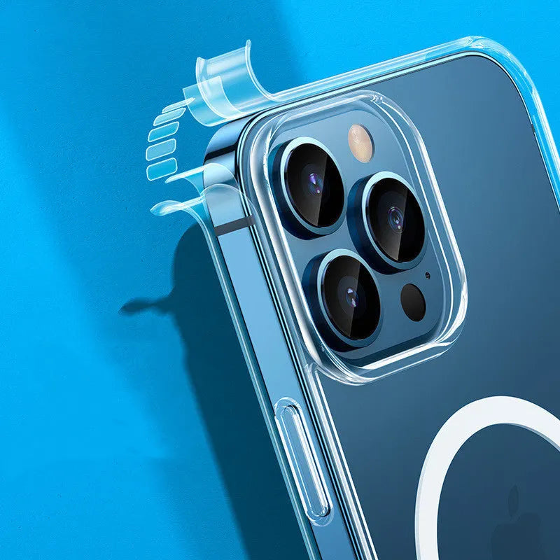 Transparent MagSafe magnetic iPhone 13 case showing airbag protection design on a table.