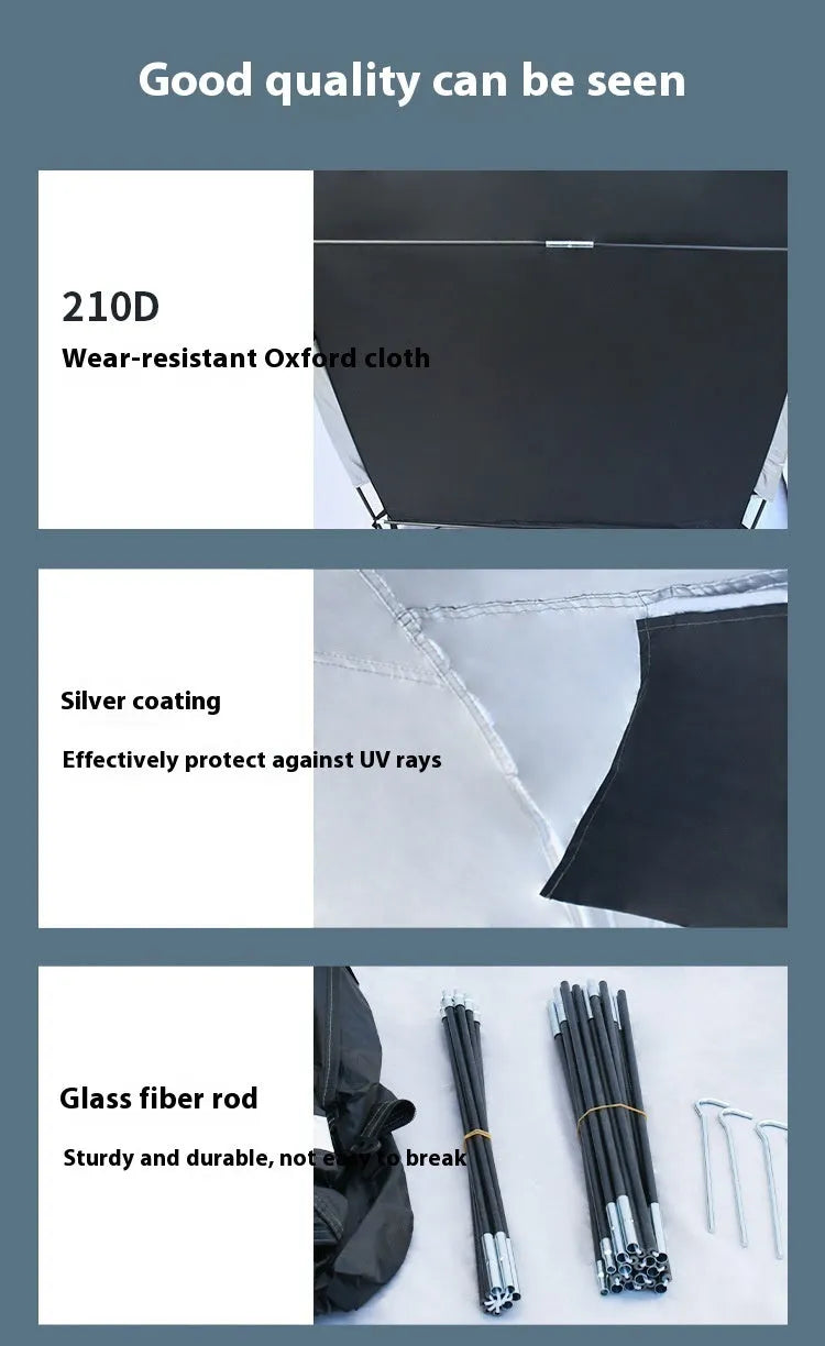 Black outdoor bicycle storage tent showing roof design and dimensions for two bikes