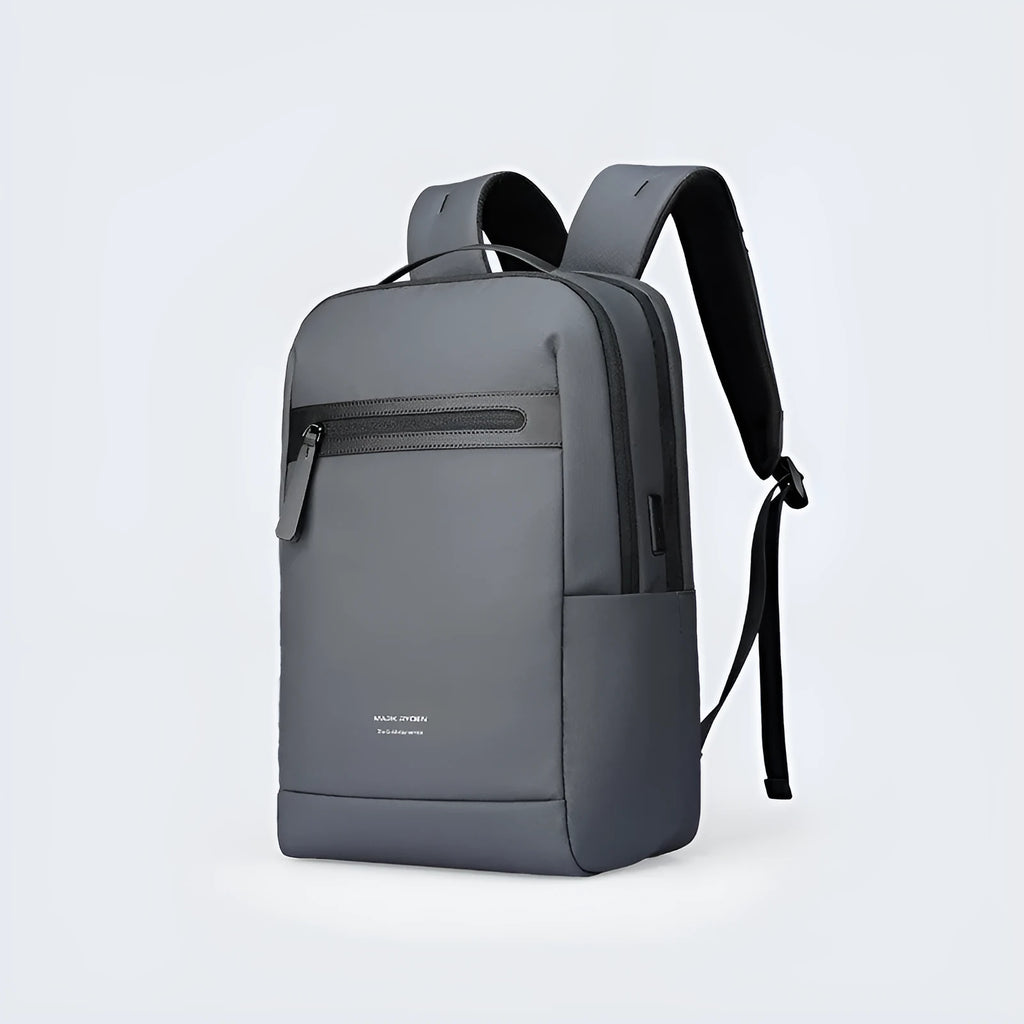 Graphite grey Oxford cloth USB business backpack with external charging port.