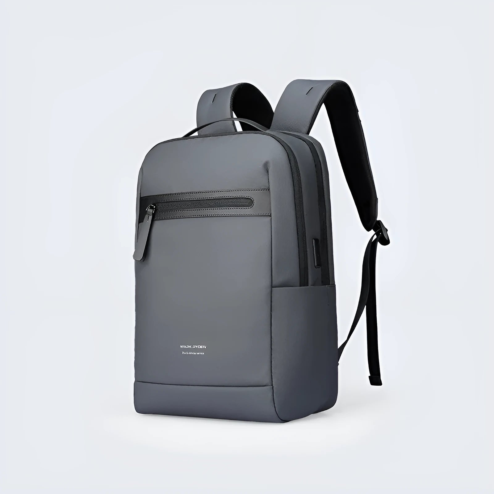 Graphite grey Oxford cloth USB business backpack with external charging port.