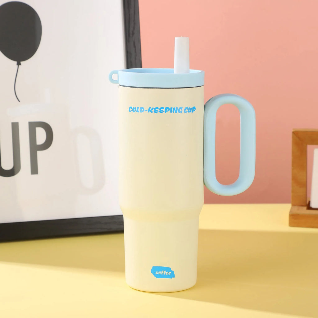 Large portable straw cup with handle in black, pink, sky blue, white, or yellow.