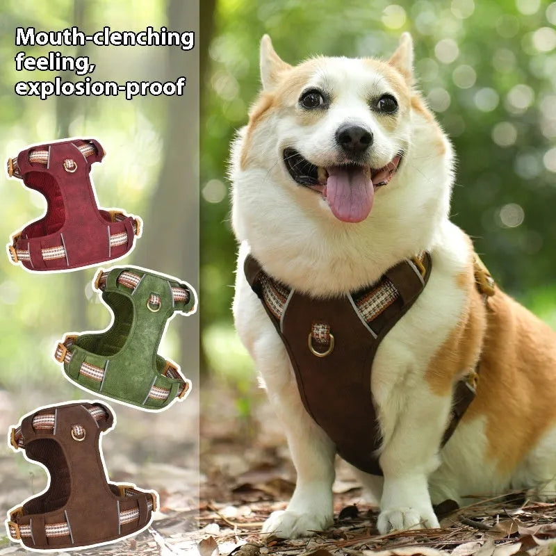 Brown leather dog harness with reflective stitching, adjustable straps, and chest attachment design