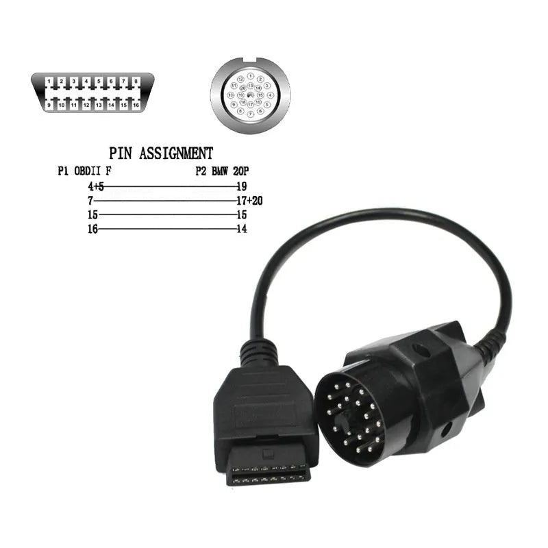 BMW diagnostic adapter cable showing 20-pin plug and standard 16-pin OBD2 socket.