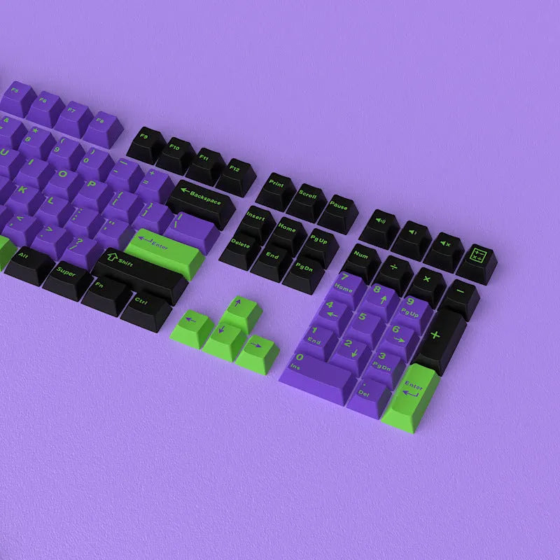 126 piece two-colour engraved plastic key cap set in black and purple for mechanical keyboards