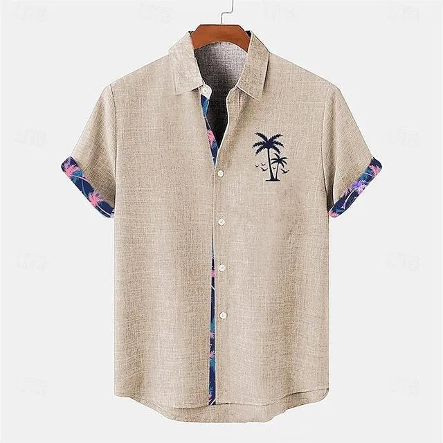 Loose fit light blue linen short sleeve shirt with a detailed ocean fish pattern embroidered on the lapel.