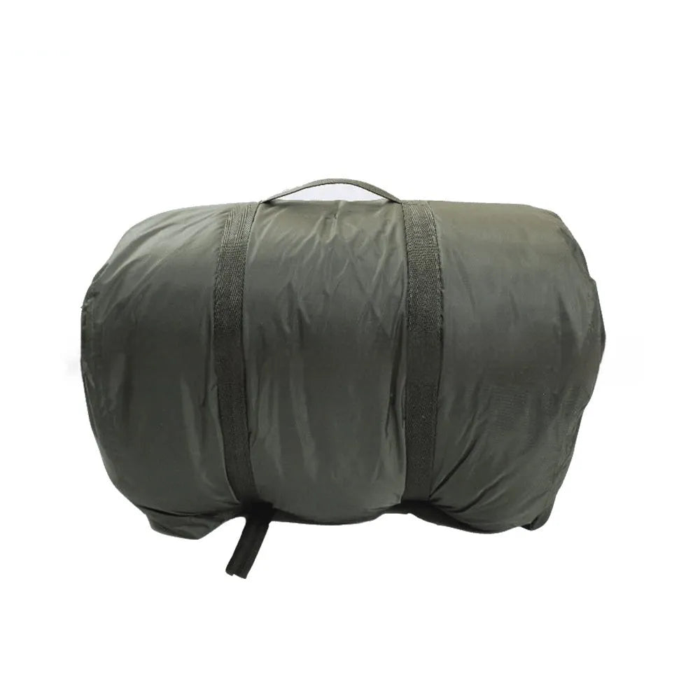 Removable overcoat mummy sleeping bag in army green for cold weather camping