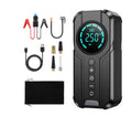 Black portable car air pump with digital display, 6000mAh battery, 3m power cord, and assorted inflation nozzles on a grey background.