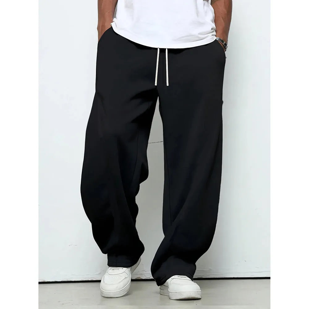 Men's casual polyester trousers with elastic waistband in straight leg design