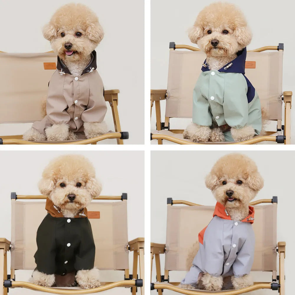 Small to medium sized dog wearing a khaki coloured waterproof polyester shell jacket.