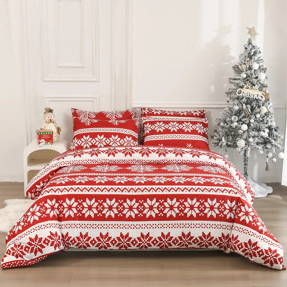 Red Christmas Love Song pattern bedding three-piece set with quilt cover and pillowcases on a bed.