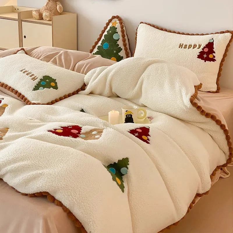 Bright yellow winter Christmas tree cartoon animation pattern on a fleece-lined four-piece bedding set.
