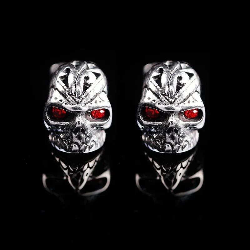 Retro skull stud earrings with red eye ghost head design and alloy gemstone inlay