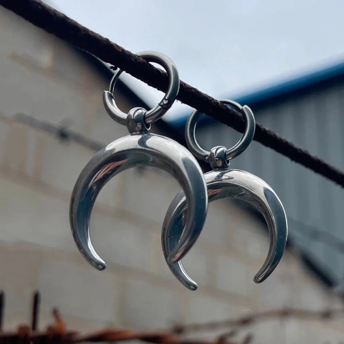 Alloy silver gothic moon geometric hoop earrings with clip-on back