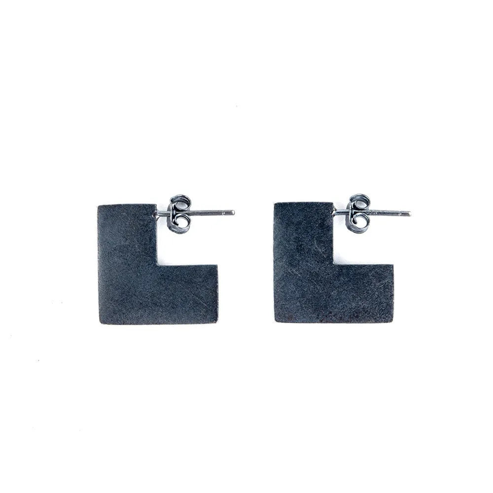 Oxidised black geometric square sterling silver earrings on a 16mm scale.