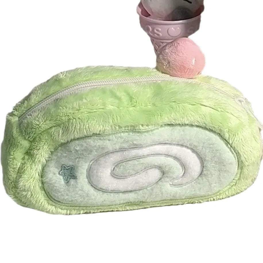 Honeydew colour velvet pencil case with swiss roll cake design for stationery storage