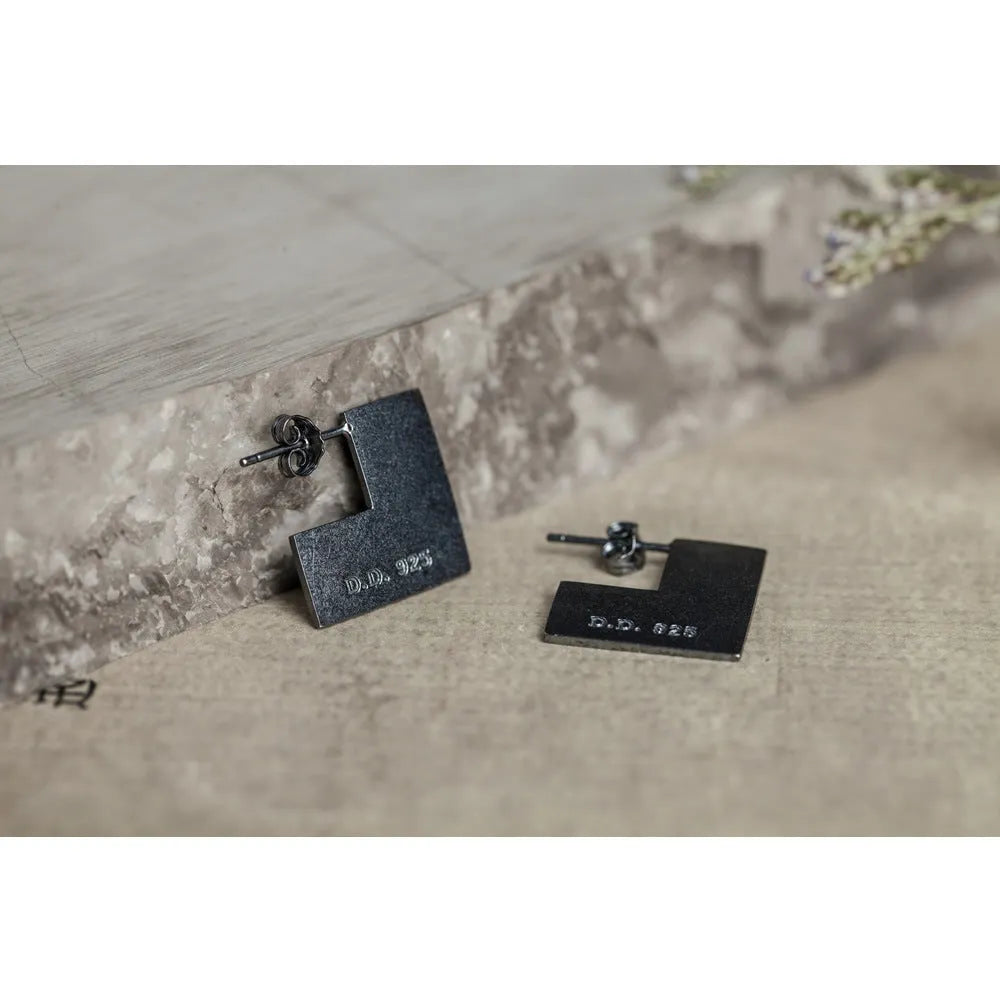 Oxidised black geometric square sterling silver earrings on a 16mm scale.