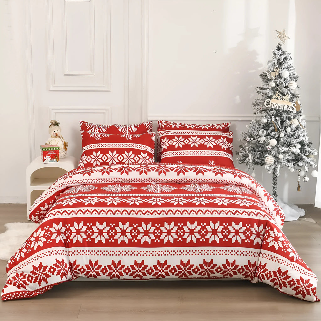 Red Christmas Love Song pattern bedding three-piece set with quilt cover and pillowcases on a bed.