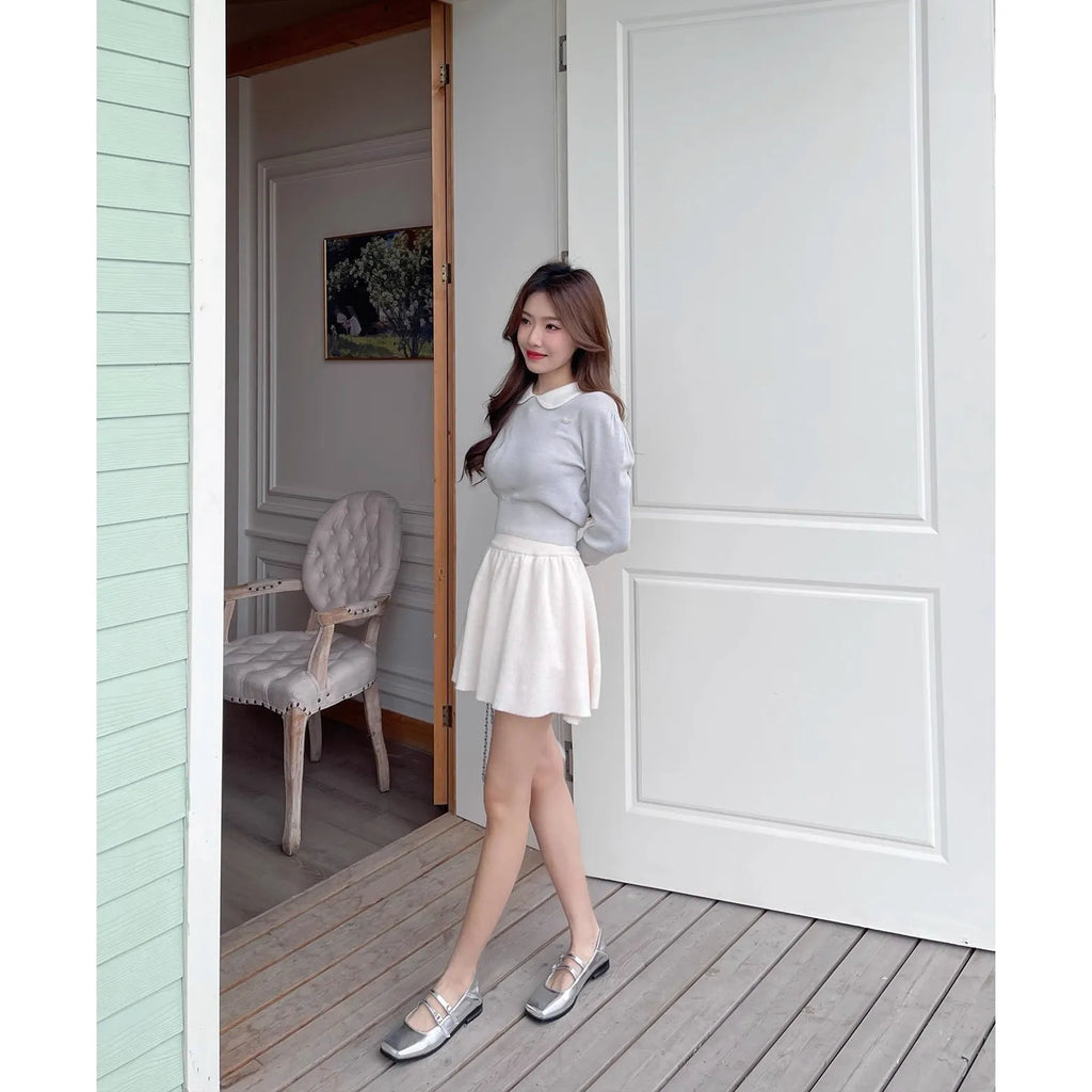 Women's silver genuine leather Mary Jane ballet flats with cross buckle strap and round toe
