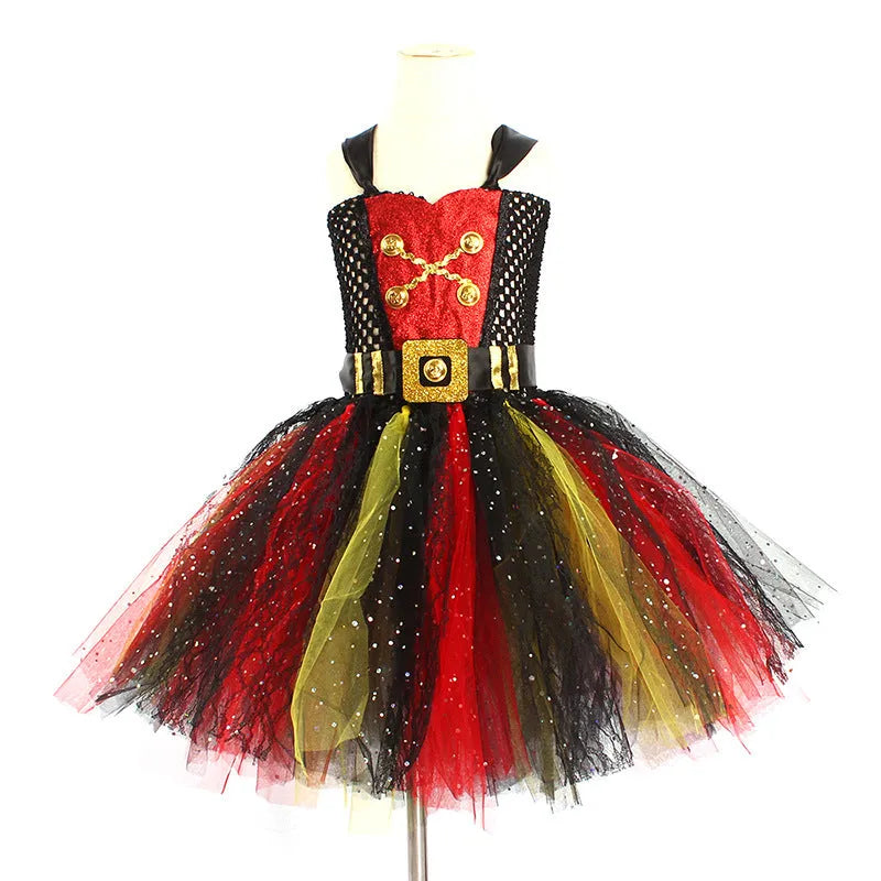 Girls pirate Halloween costume with sequin gauze skirt, mesh panels and lace details