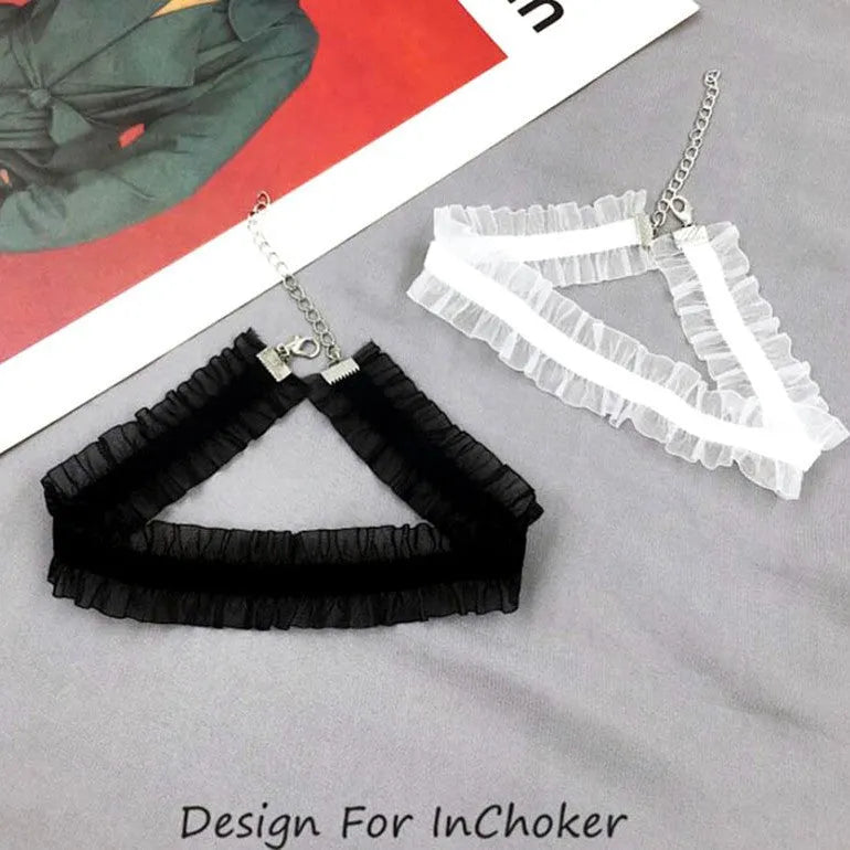 Velvet ruffled alloy necklace with flower pendant on snake bones chain in black, light coffee, or white