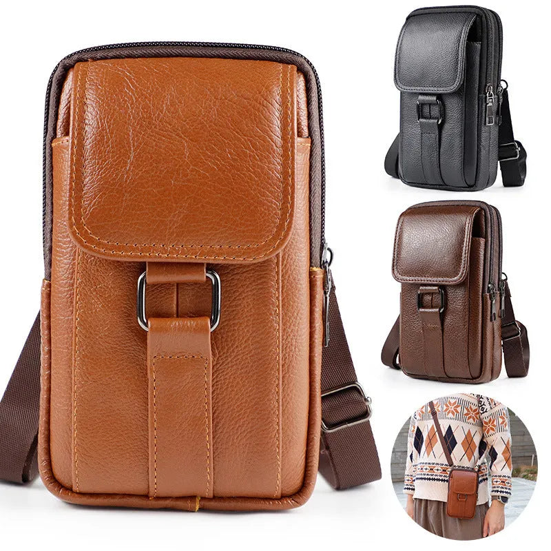 Men's black genuine leather crossbody waist bag with a lock, shown in vertical square shape.