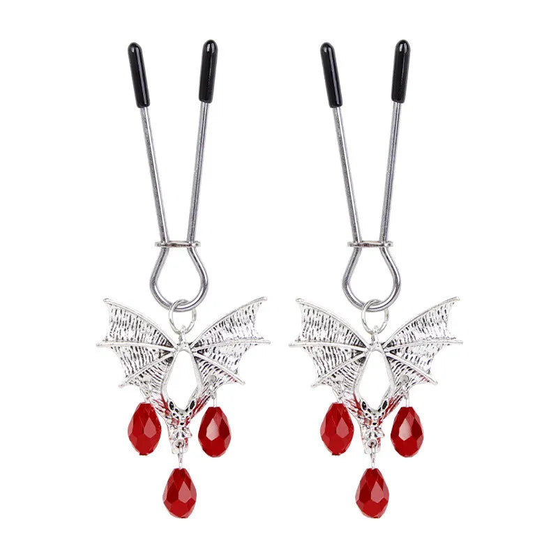 Silver alloy diamond bat nipple clamp with adjustable pressure and ruby bat decorative design