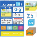 Large fabric alphabet learning chart with sets of educational word cards, letter cards, and picture cards arranged around it.