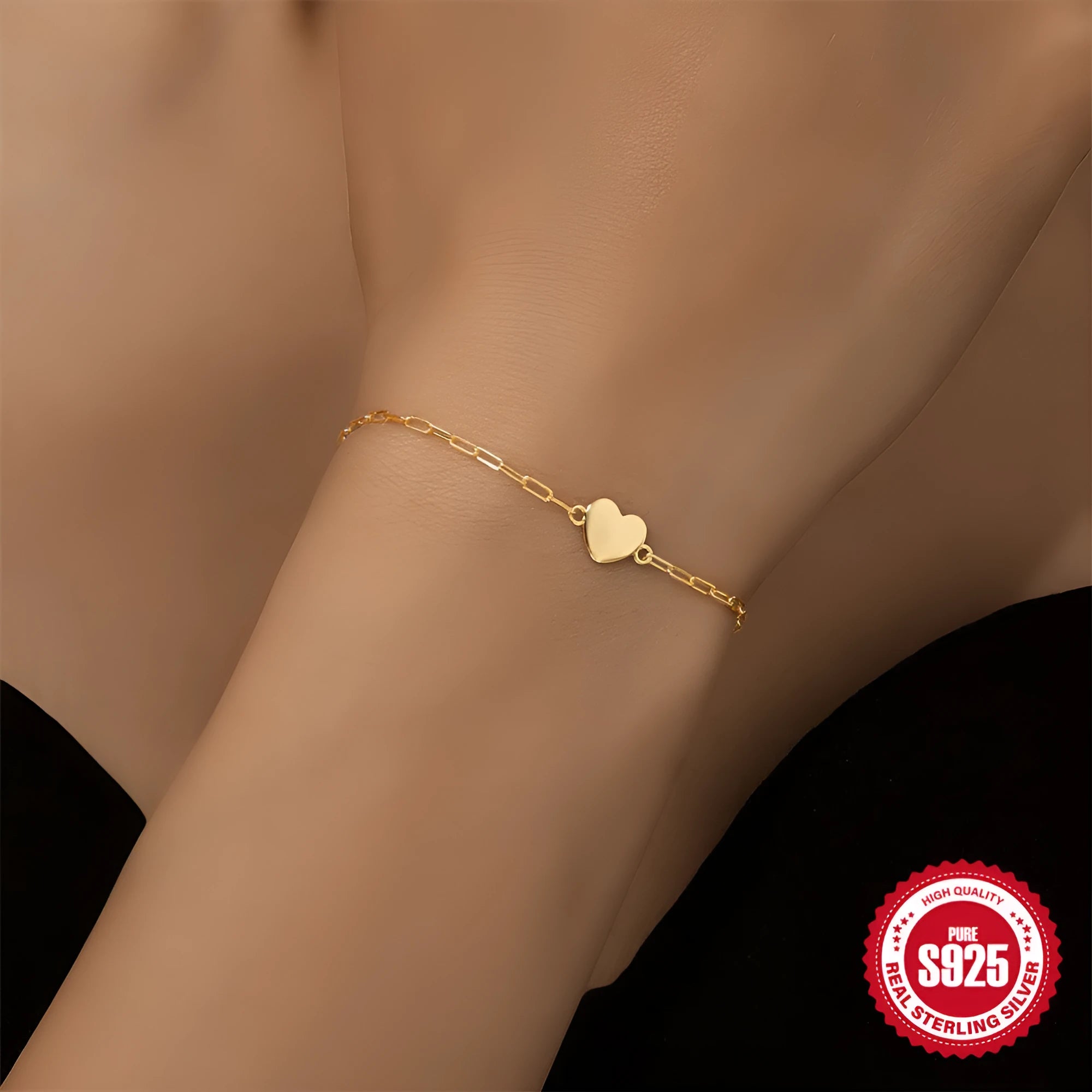 S925 sterling silver bracelet with clip chain and geometric heart charm in gold colour