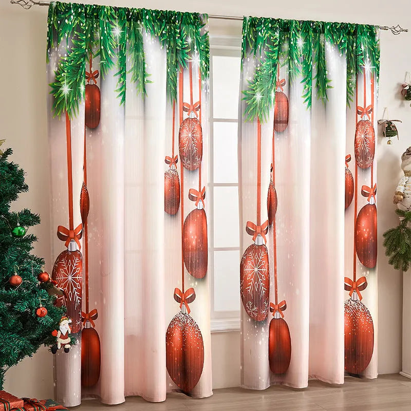 Rectangular Christmas-themed curtain with printed designs showing semi-sunshade function
