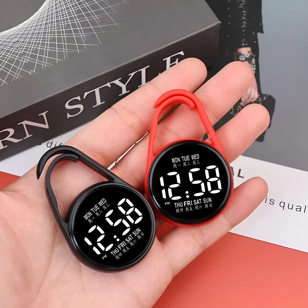 Simple luminous LED digital watch with a plastic strap, shown in one of ten available colours.