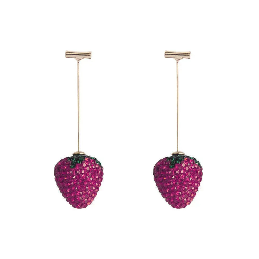 Red zinc alloy strawberry earrings with geometric shape and spot drill texture.