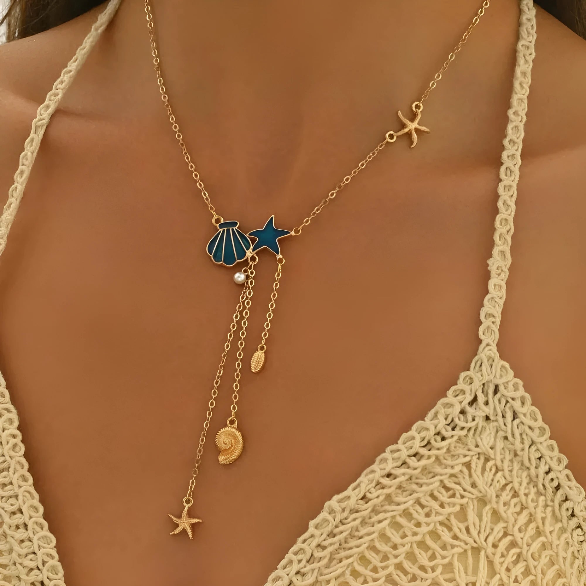 Simple starfish and shell pendant necklace for women, mixed gem inlay, alloy, ABS pearl, dripping oil, O-ring chain