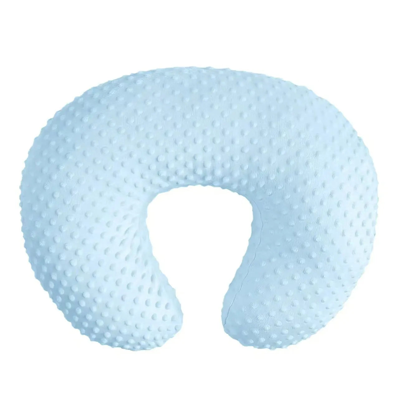 Multifunctional nursing pillow with a raised spill-prevention ridge in a light blue colour.