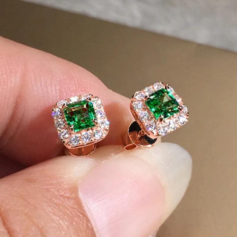 Square copper earrings with bright green zircon stones in electroplated gold and rose gold finishes