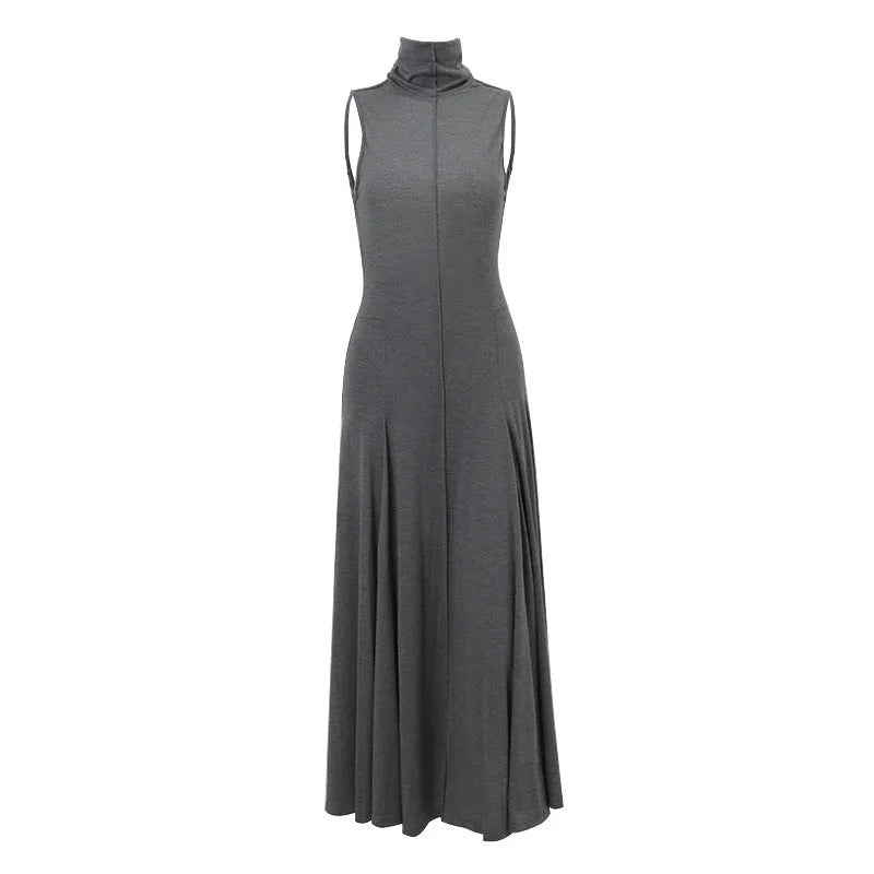 Grey women's slim-fit cotton dress with backless design and half turtleneck neckline