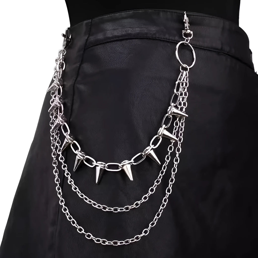 Silver metal punk pants chain with double layer rivet design measuring 115 cm