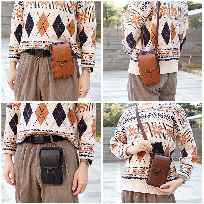 Men's black genuine leather crossbody waist bag with a lock, shown in vertical square shape.