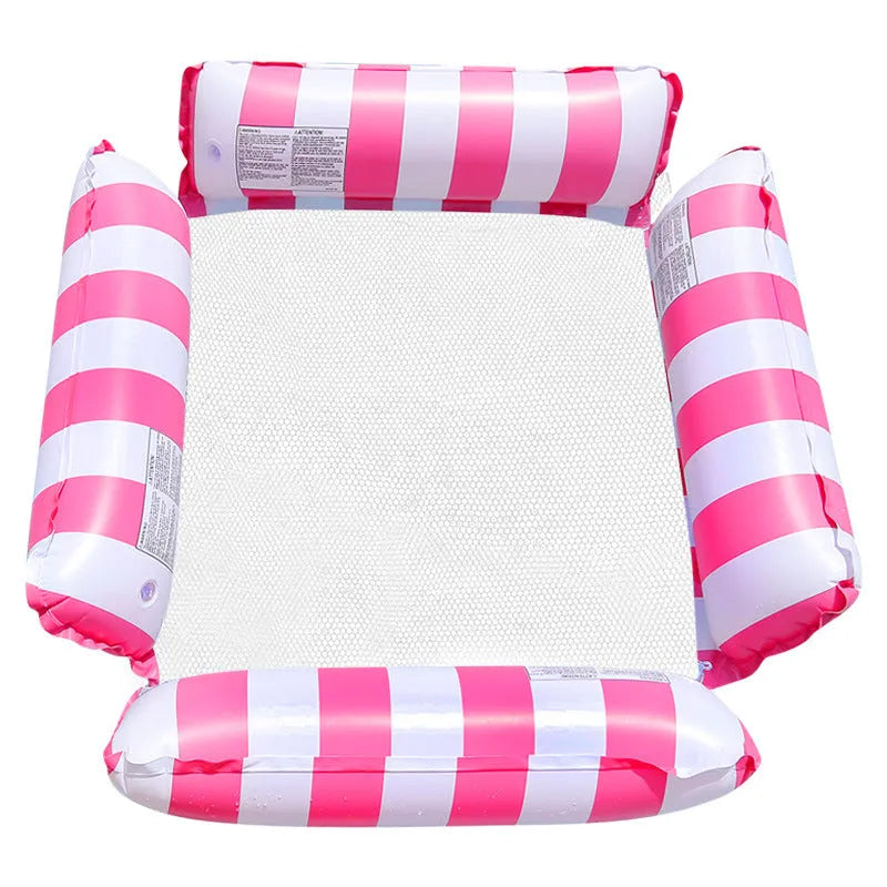 Inflatable four-tube striped deck chair floating on water showing light blue colour option