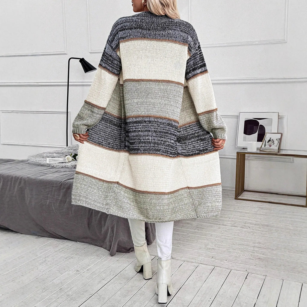 Grey striped plaid knitted cardigan loose fit long sleeve women's casual