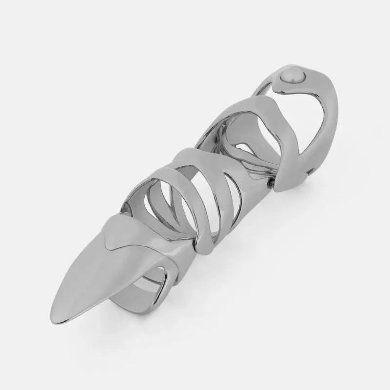Silver alloy punk armour finger stall ring on a single finger.