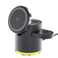C16 portable folding three-in-one magnetic wireless charger in Black and Ivory White colours, showing phone, watch and earphone charging.